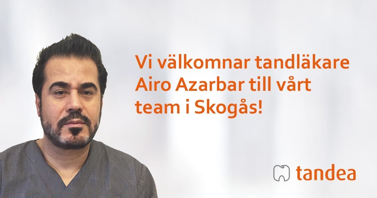 Profilbild på Airo och texten "Vi välkomnar tandläkare Airo Azarbar till vårt team i Skogås!"